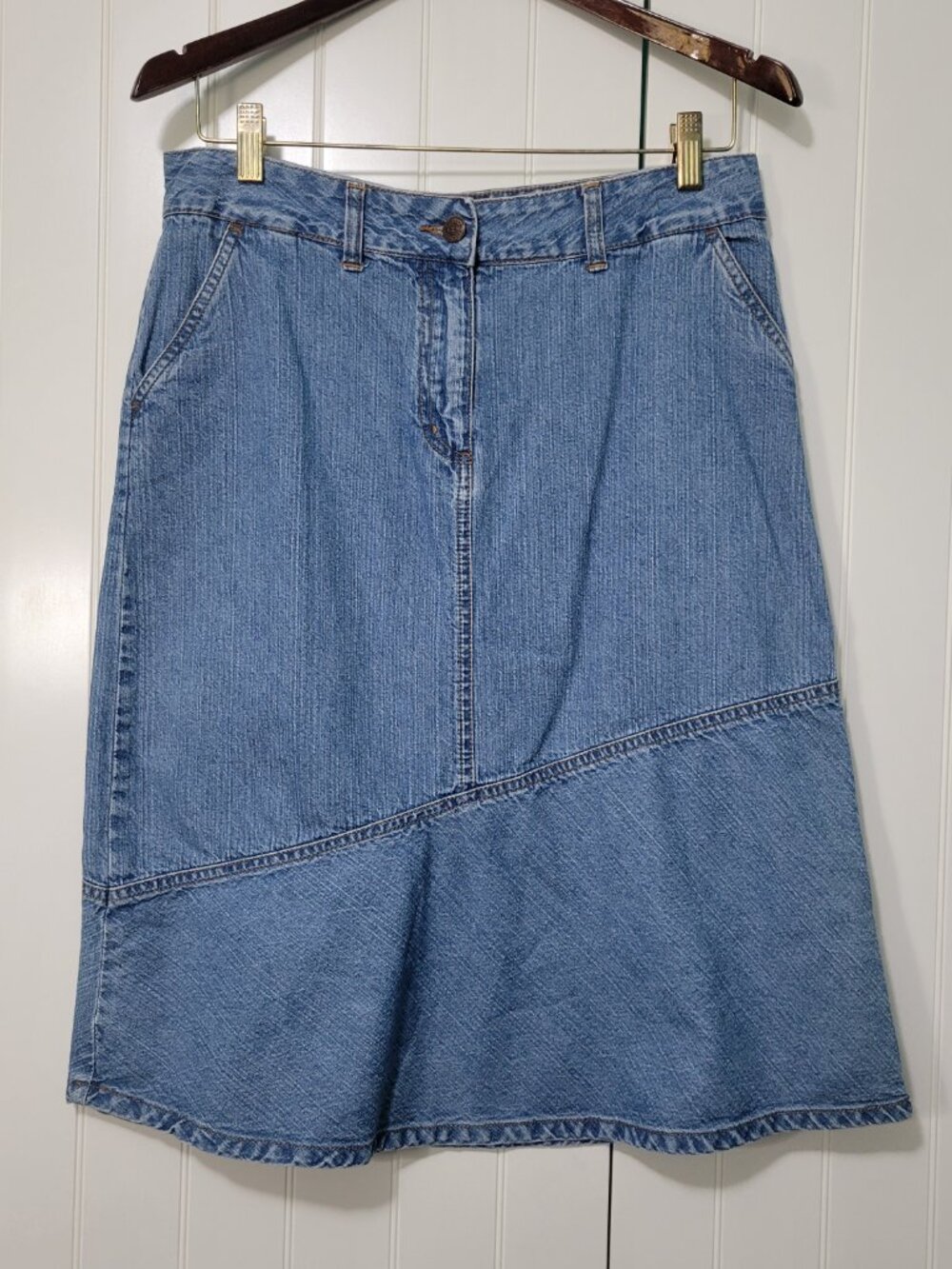 Vtg 80s 90s Y2K Retro Boho Cowgirl Rodeo Diagonal Paneled Flare Denim Midi Skirt - Picture 8 of 8